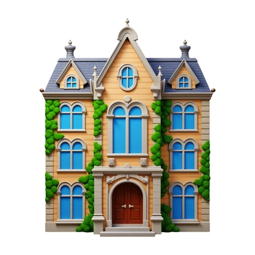 An old hospital building featuring intricate ornate architecture. The structure is adorned with decorative elements such as arches and carved stone details. Ivy is climbing up the walls, creating a lush green contrast against the aged facade. The roof is steeply pitched and embellished with finials. Tall windows with detailed frames allow glimpses into the historical interior. The entrance is grand, with double doors made of dark wood, surrounded by stone steps.