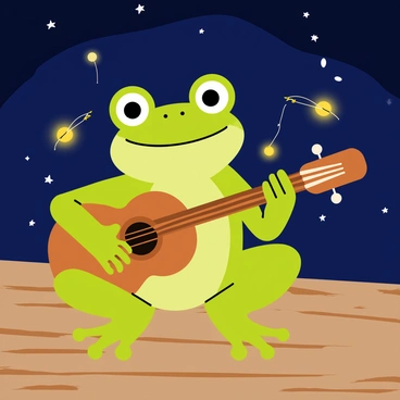 A green frog with large, bulging eyes is sitting on a wooden deck. The frog is gripping a brown acoustic guitar, strumming it with its webbed fingers. Around the frog, several glowing fireflies are floating in the night air, illuminating the surroundings with small, soft yellow lights. The wooden deck is textured with visible grain, and the night sky above is deep blue, studded with twinkling stars.