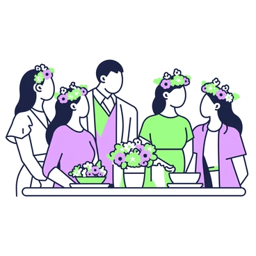 A group of guests is gathered at a spring gala, each wearing a distinct flower crown adorned with seasonal blooms. In the foreground, a woman with long hair is chatting, her crown featuring vibrant flowers like daisies and tulips. Next to her, a man in a suit is smiling, sporting a crown made of mixed wildflowers and greenery. To the left, a woman in a flowing dress has a crown that incorporates delicate blossoms and leaves, capturing the essence of spring. In the background, a table is elegantly set with floral arrangements, enhancing the festive atmosphere of the event.