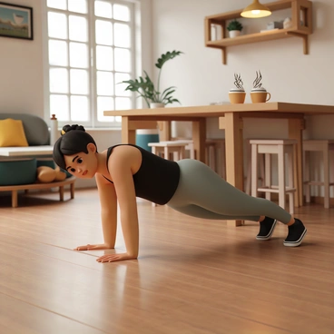 A person, wearing a black tank top and gray leggings, is performing a plank position on the polished wooden floor of a cozy cafe. The cafe features warm lighting with wooden furniture and comfortable seating. On a nearby table, there are two steaming coffee cups, with latte art on the surface, and a small potted plant. The person’s focused expression conveys determination as they hold the plank position, with their feet elevated slightly above the ground.