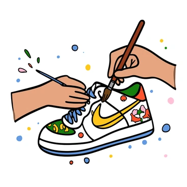 Close-up of hands with light skin holding a paintbrush, carefully applying vibrant colors onto a white Air Force 1 sneaker. The sneaker has a custom design featuring intricate patterns and shapes. The hands are adorned with colorful paint splatters, and the background is softly blurred to emphasize the detailed artwork on the shoe.
