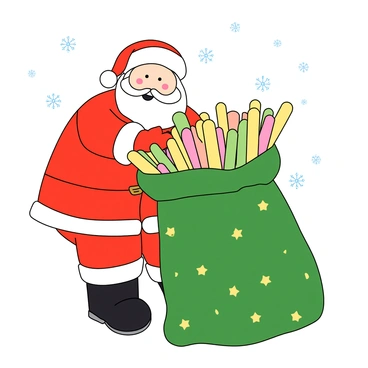 Santa Claus with a jolly expression, wearing a traditional red suit with white fur trim and a matching red hat, is bending over to open a large, festive sack. The sack is made of green fabric with golden stars and is overflowing with an assortment of colorful sucre d'orge sticks. The sticks are in various pastel colors, including pink, yellow, and green, tightly packed and spilling slightly over the edge of the bag. Snowflakes are gently falling around Santa, adding a wintery feel to the scene, while a few twinkling lights are visible in the background.