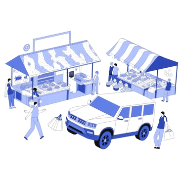 A G-Wagon is parked near a bustling farmer's market. The vehicle is positioned on a paved area, showcasing its distinctive design with a boxy shape, prominent grille, and rugged tires. Surrounding the G-Wagon, there are various market stalls filled with an assortment of fresh produce, colorful fruits, and vegetables. People are walking around, some carrying shopping bags filled with goods, while others are engaged in conversation. In the background, there are vibrant awnings above the stalls, and a variety of items such as flowers and handmade crafts are displayed for sale. The scene captures the lively atmosphere of the market, with shoppers and vendors interacting.