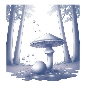 A mushroom with a rounded cap and distinct gills, situated on the forest floor among leafy debris. Tiny spores are visibly releasing from the gills, captured mid-air as they gently float away in the breeze. Surrounding the mushroom, tall trees with slender trunks and dense foliage form a natural frame. Light filters through the leaves above, casting subtle shadows on the ground. The overall atmosphere is tranquil, with signs of movement in the surrounding vegetation as the breeze interacts with the environment.