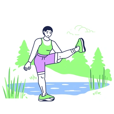 A person with a focused expression is performing leg raises beside a lake. The individual is dressed in athletic wear, consisting of a fitted tank top and shorts. Their feet are planted firmly on the ground, while their legs are elevated, showcasing strength and balance. The surface of the lake reflects the early morning light, while gentle ripples can be seen where the water meets the shore. Surrounding the lake, there are tall grasses and a few trees, their silhouettes outlined against the dawn sky. The overall scene is peaceful and invigorating.