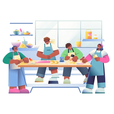 A diverse group of participants is standing around a large wooden table in a bright, airy kitchen. They are gathered to learn how to make pasta from scratch. One participant with curly brown hair is kneading dough with both hands, while another participant with glasses and a blue apron is rolling out the dough using a wooden rolling pin. A third participant with short black hair is measuring ingredients on a digital scale. Flour dust is visible in the air, and several bowls filled with flour, eggs, and semolina are placed on the table. In the background, there are shelves lined with various cooking tools and a large window letting in natural light. The atmosphere is lively with smiles and conversation among the participants.