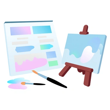 A large canvas displaying a vibrant color palette arranged in distinct sections. Each section is filled with different gradient pastel colors, showcasing a smooth transition between shades. In the foreground, a set of paintbrushes rests beside the canvas, their bristles dipped in some of the colors from the palette. Labeled areas on the palette indicate specific colors, each with a clear name written in bold letters. In the background, an easel holds a partially completed painting that mirrors the colors present in the palette.