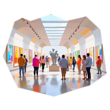 A metro station interior featuring a large, open space filled with vibrant paintings and various sculptures. The walls are adorned with colorful artworks in different styles, showcasing abstract and figurative pieces. In the center of the space, several sculptures made of metal and stone are strategically placed on pedestals, drawing attention from visitors. The floors are polished and clean, reflecting the bright overhead lights. Groups of people, including art enthusiasts and casual visitors, are walking through the exhibit, admiring the displayed works of art. Some individuals are engaged in conversation, while others are taking photographs.