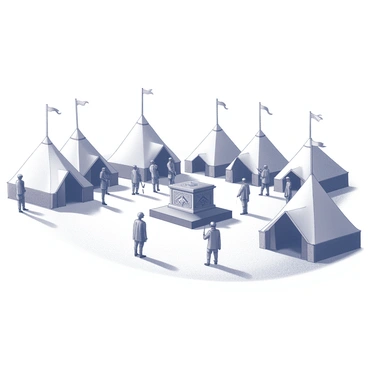 A royal encampment is set in a vast open area. Several large tents are arranged in an organized manner, each tent featuring a triangular top and sturdy poles. Soldiers in uniform are standing guard around the encampment, some holding spears while others are engaged in conversation. In the center of the encampment, "the Ark of the Covenant" is prominently displayed on a raised platform, adorned with intricate patterns and details. The soldiers are positioned strategically to protect the Ark, and the atmosphere conveys a sense of duty and vigilance within the encampment.