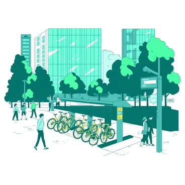 A teal bike-sharing station is located in a busy urban area filled with people. The station features several bikes in various colors, including yellow, lined up neatly for use. Surrounding the station, there are tall buildings with glass windows reflecting the city life. Pedestrians are walking past the station, some stopping to check out the available bikes. Trees line the sidewalk, providing a splash of greenery amidst the bustling environment.