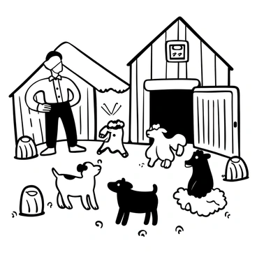 A farmer standing in the doorway of a rustic barn, with a look of surprise. Inside the barn, various animals, including a cow, a sheep, and a pig, are gathered in a circle as if engaged in a serious discussion. Each animal displays a unique posture that suggests they are focused on the meeting. Hay bales are scattered around the barn, and a large barn door is partially open, allowing light to filter in. "Future Plans" is written on a chalkboard placed in front of the animals.