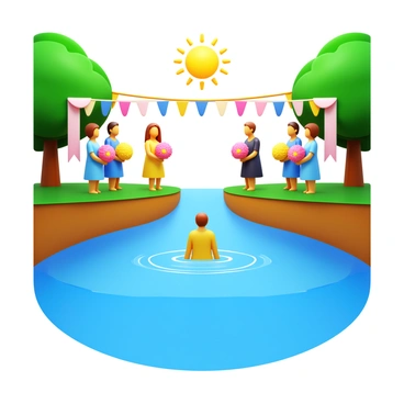 A joyful baptism ceremony taking place by a river. The scene features a clear, flowing river with gentle ripples. There are several people gathered around, dressed in light, bright clothing, some holding flowers. In the center, a person is being baptized, fully immersed in the water. The sun is shining, casting a warm glow over the participants. Trees line the riverbank, their leaves vibrant green. Banners and decorations in soft pastel colors are arranged around the area, adding to the festive atmosphere.