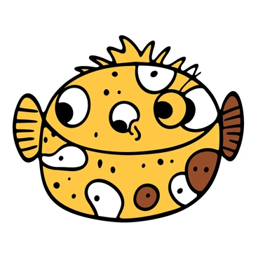 Close-up of a puffer fish with big eyes, showcasing its intricate skin patterns. The fish features a round, bulbous body covered in a variety of textures and colors, including shades of yellow, brown, and white. The skin patterns include geometric shapes and subtle spots, giving it a unique appearance. The puffer fish's spines are slightly protruding, adding to its distinct look. The background is softly blurred to emphasize the detailed textures of the fish's skin.