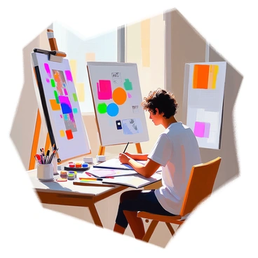 An artist with medium skin and curly hair sits at a wooden desk, deeply focused on sketching in a notebook. Surrounding the artist are inspiration boards covered with a variety of sketches, photographs, and color palettes. The desk is cluttered with art supplies, including brushes, paints, and a few scattered pencils. Natural light streams in from a nearby window, illuminating the vibrant colors of the boards and creating a lively atmosphere in the workspace.
