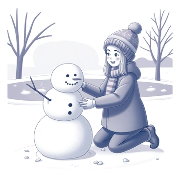 A young girl named Marie is dressed in warm winter clothes, including a colorful hat and a thick scarf. She is kneeling on the ground, assembling a snowman in a snowy park. Snow blankets the ground, and flakes gently fall around her. The snowman consists of three large snowballs, with sticks for arms and a carrot for a nose. The park features leafless trees in the background and a frozen pond partially visible behind the snowman. Marie has a joyful expression as she adds details to the snowman, such as a smile made of small stones.