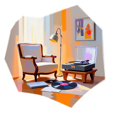 A classic fauteuil with ornate wooden arms and plush upholstery is positioned next to a vintage record player. The record player features a glossy finish and a large speaker, and it is placed on a wooden stand. Scattered around the fauteuil are several vinyl records, some resting flat while others are leaning against the leg of the chair. The music room has hardwood floors and warm lighting, creating a cozy atmosphere. A few framed music posters hang on the walls, adding character to the space.