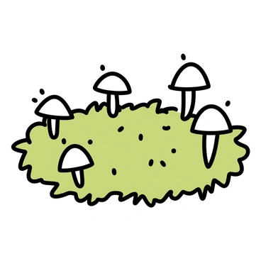 A circular arrangement of small, white mushrooms, each with a delicate cap, forms a "fairy ring" on a soft patch of vibrant green moss. The mushrooms are evenly spaced, creating a neat circle. The moss beneath them appears lush and fluffy, with fine strands intermingling. Tiny details, such as dewdrops resting on the mushroom caps and the moss, add texture to the scene. The overall composition is simple yet visually interesting.