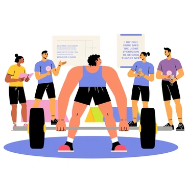 An instructor demonstrating proper deadlift technique in a fitness workshop. The instructor is a muscular person with short black hair, wearing a bright blue tank top and black shorts. They are standing in front of a large barbell loaded with weights on a rubber gym floor. The instructor is in a bent-over position, hands gripping the barbell with a straight back. Around them, a diverse group of participants, both men and women, are attentively watching and taking notes. The setting is well-lit, showcasing various gym equipment in the background, such as dumbbells and exercise mats. A motivational poster about strength training is visible on the wall behind the instructor.