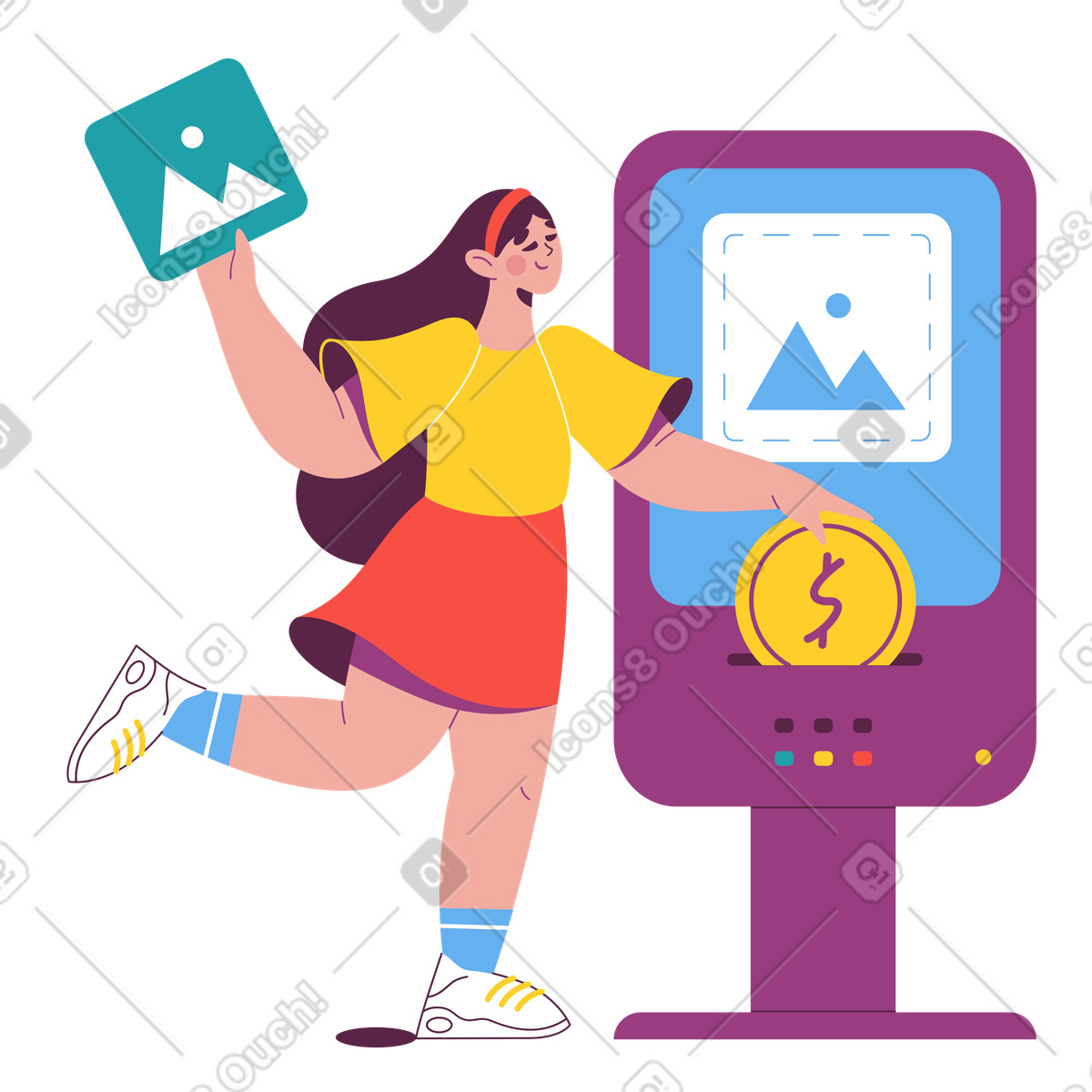 Donna che tiene una foto e inserisce moneta nel terminale illustrazione in stile Sammy scarica in PNG, SVG