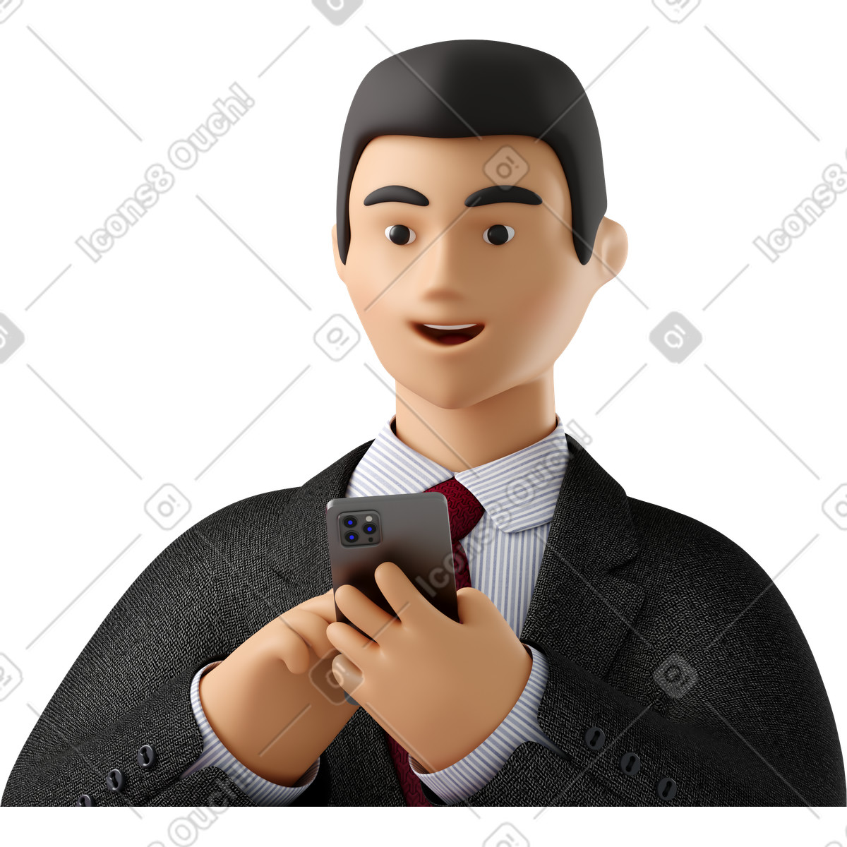 Illustration Close up of businessman in black suit with phone looking aside dans le style 3D Business à télécharger aux formats PNG, SVG