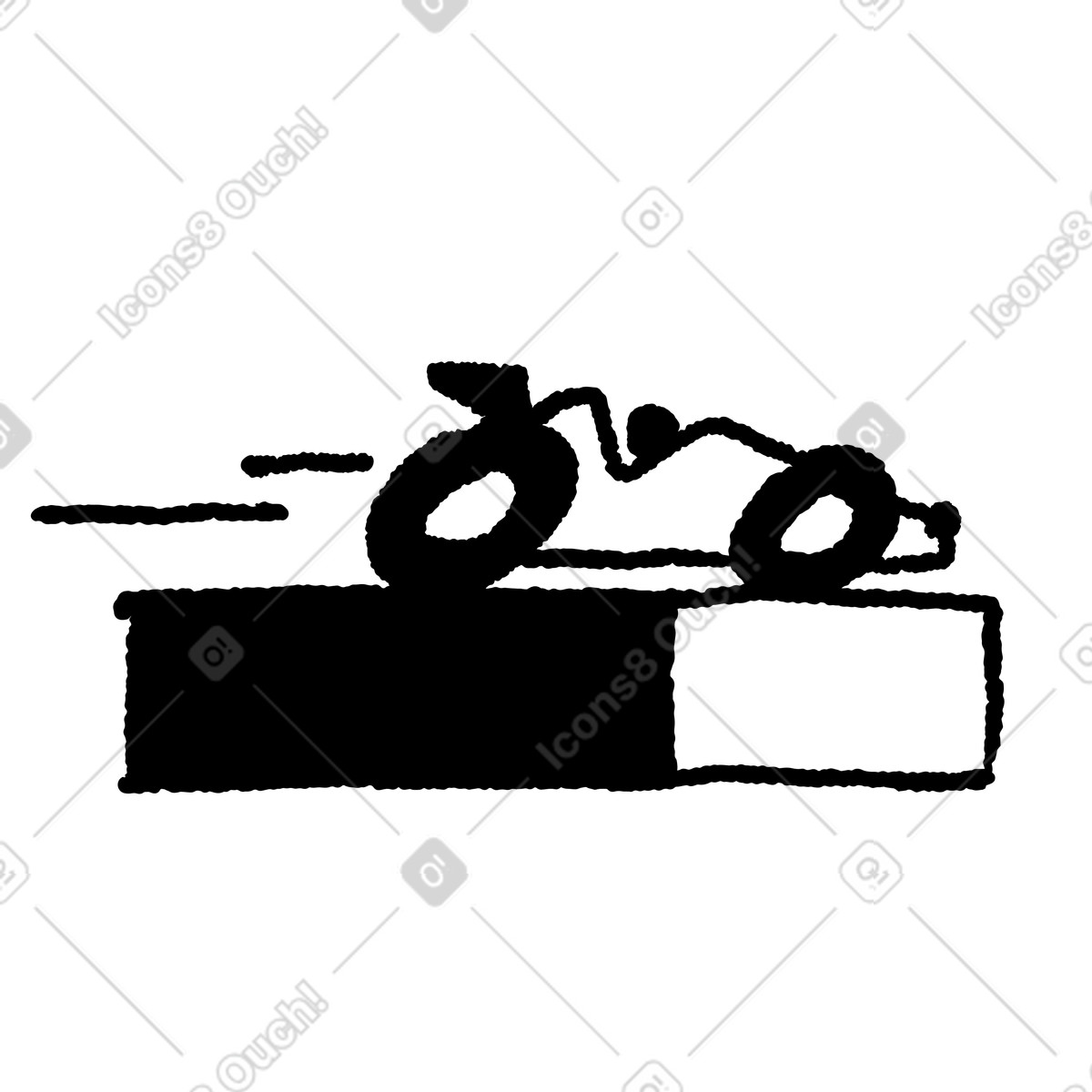 下载 Black Chalk 风格的 Motorcycle racer jumping over finish line block with speed lines 插画，支持 PNG、SVG 格式