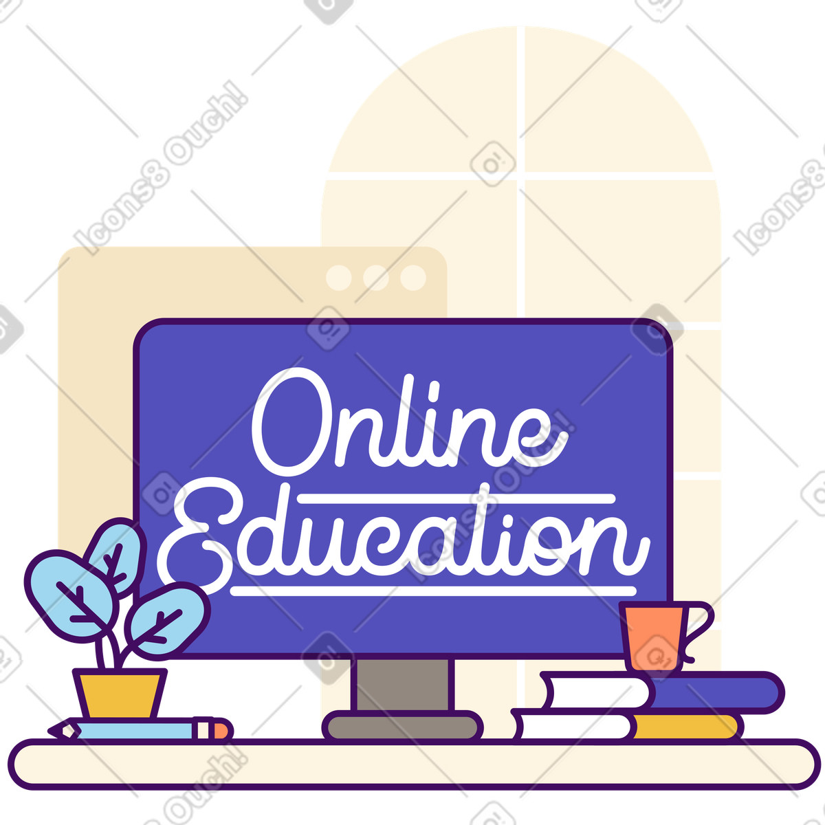Study workspace with learning materials, Distance education concept illustration in Simplistic style download in PNG, SVG