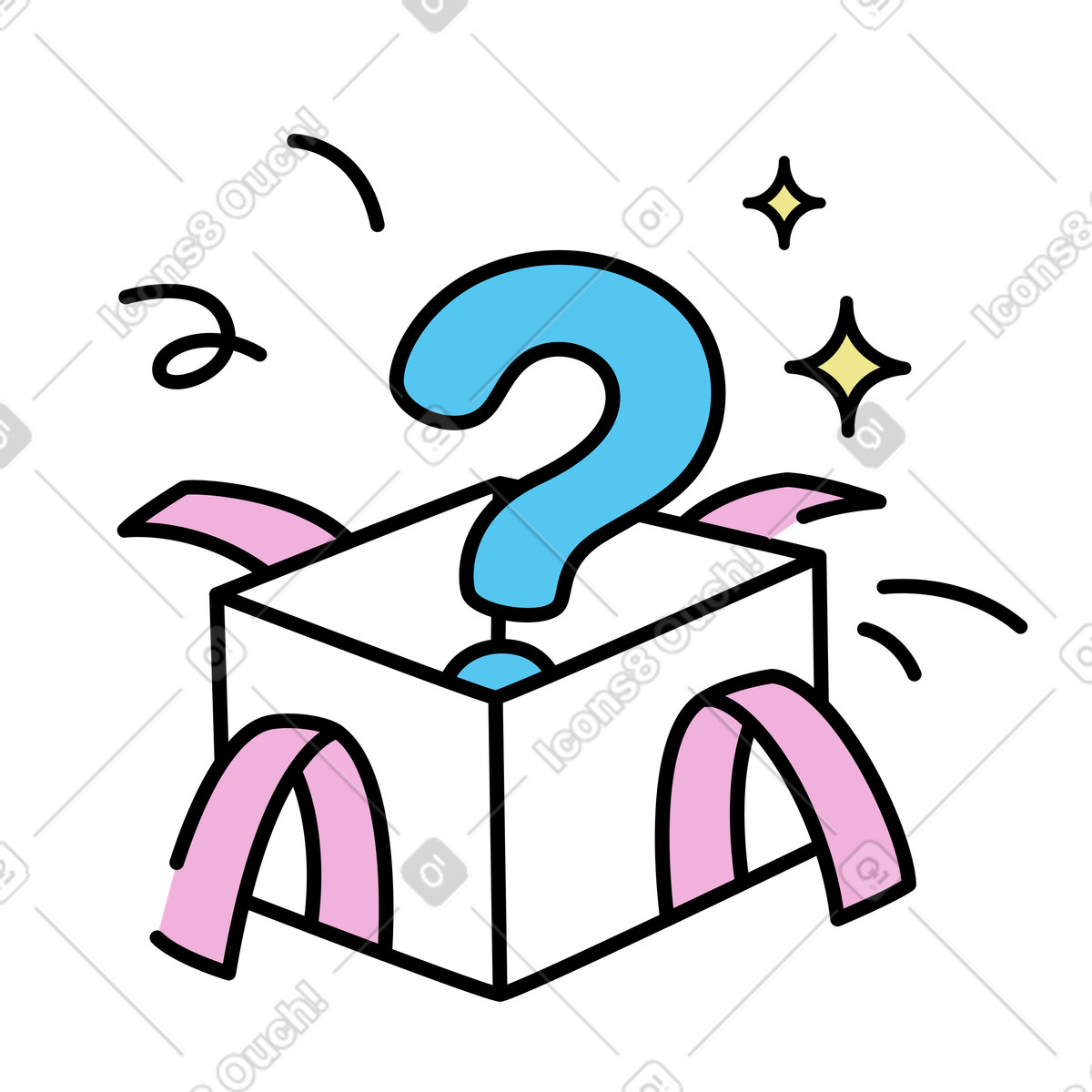 Question mark in gift box and confetti representing surprise illustration Mochi style download PNG, SVG