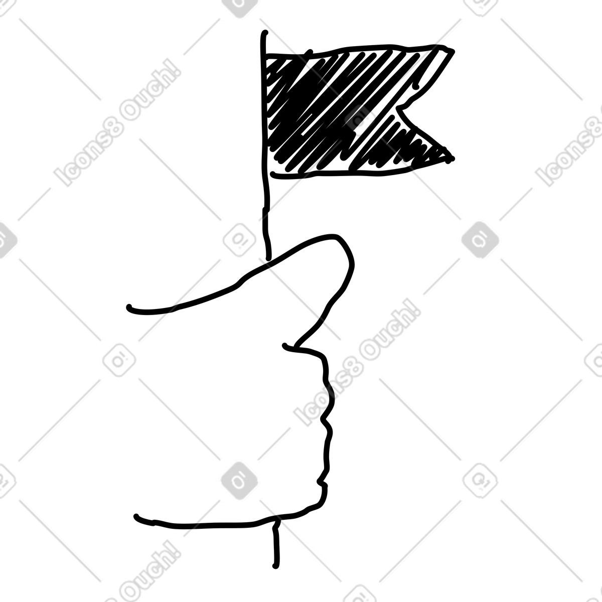 下载 Rough Sketch 风格的 Thumb holding flag doodle symbolizing achievement and goal success 插画，支持 PNG、SVG 格式