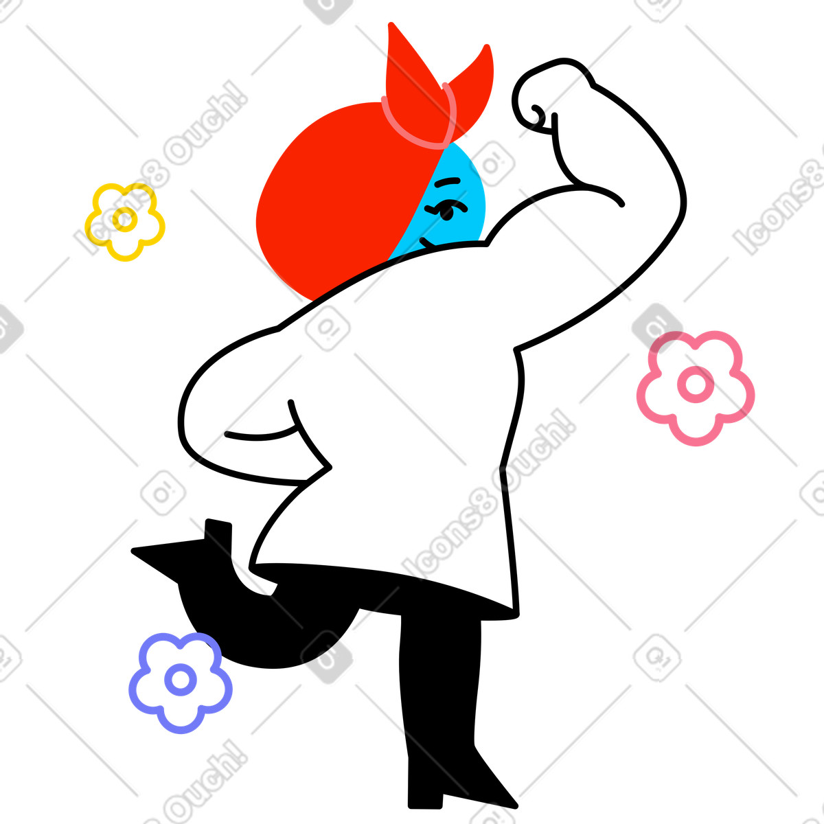 下载 Giggle 风格的 坚强的女性角色弯曲二头肌 动画插图，支持 GIF、Lottie （JSON）、AE 格式