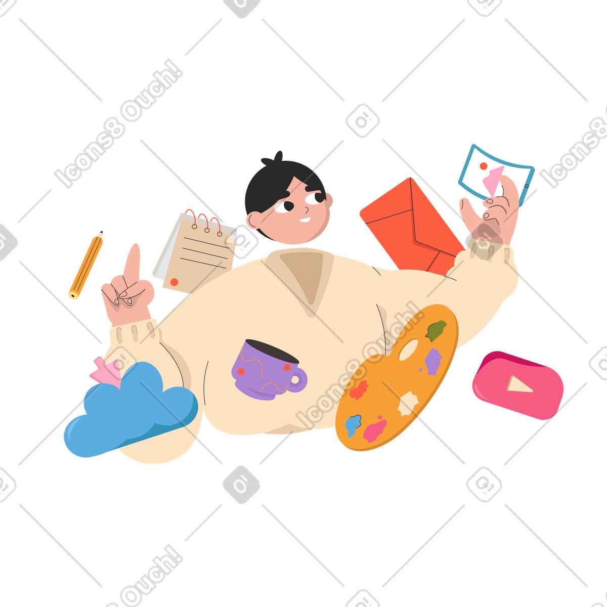 Mann beim multitasking mit arbeitsaufgaben und hobbys-Illustration im Dizzy-Stil als Download in PNG, SVG