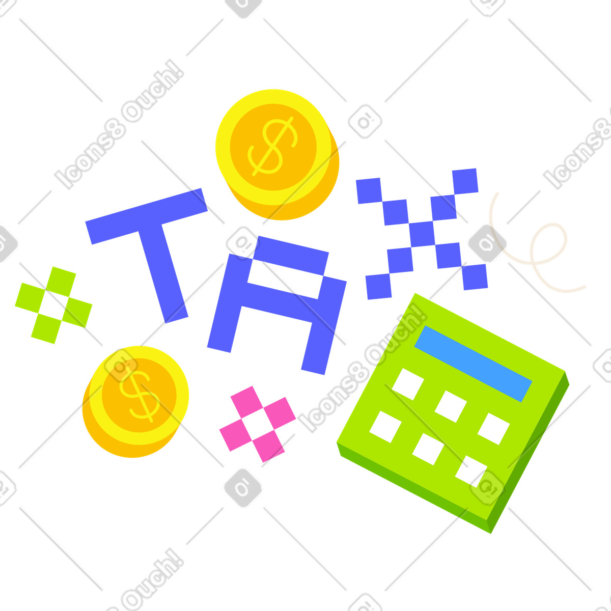 8bit スタイルの コインと計算機のテキストで税金をレタリングする のイラストをPNG、SVG形式でダウンロード