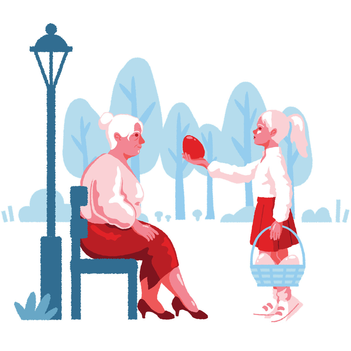 Cherry スタイルの Old woman sitting in the park with girl easter eggs のイラストをPNG、SVG形式でダウンロード