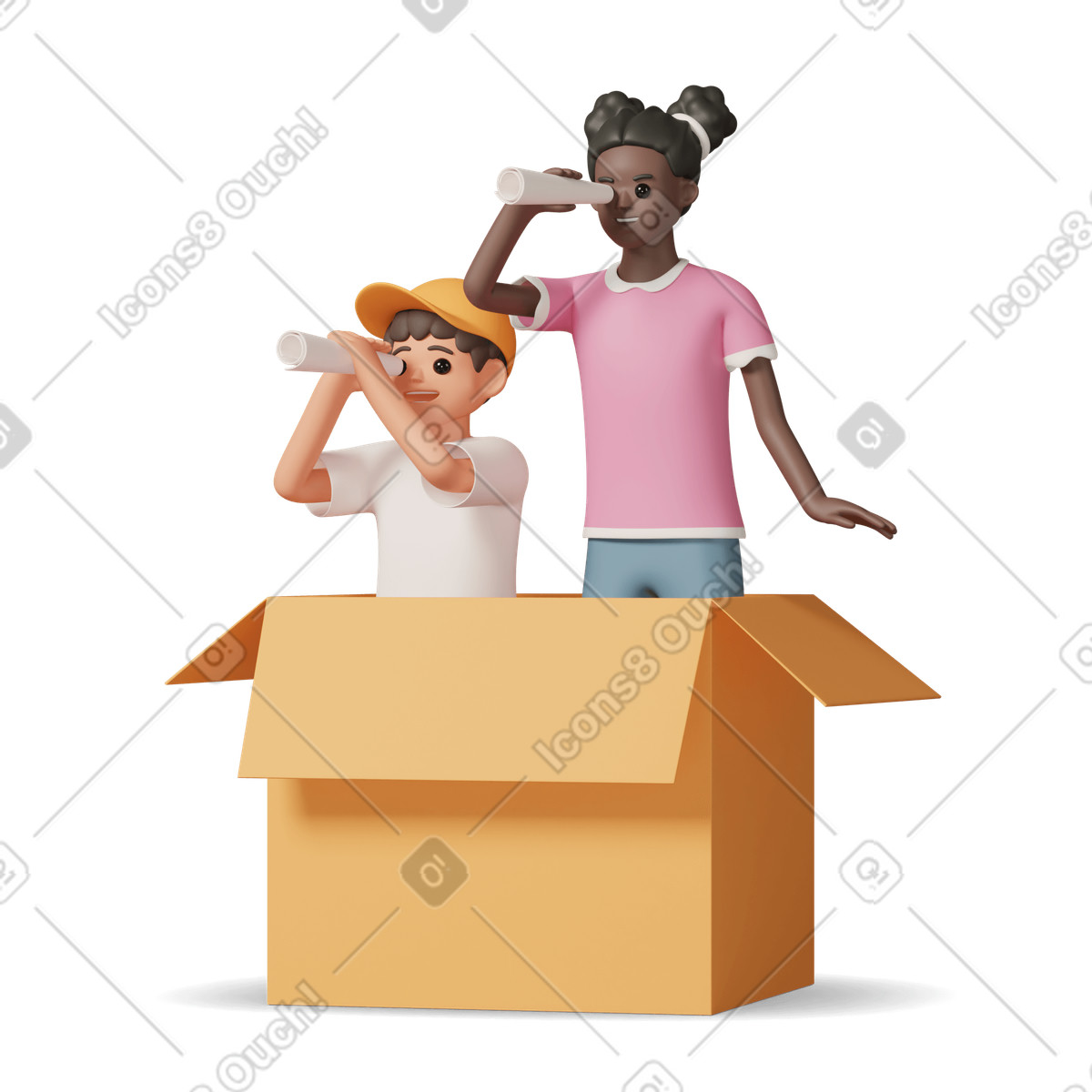 3D Casual life スタイルの Boy and girl in box looking into a paper tube のイラストをPNG、SVG形式でダウンロード