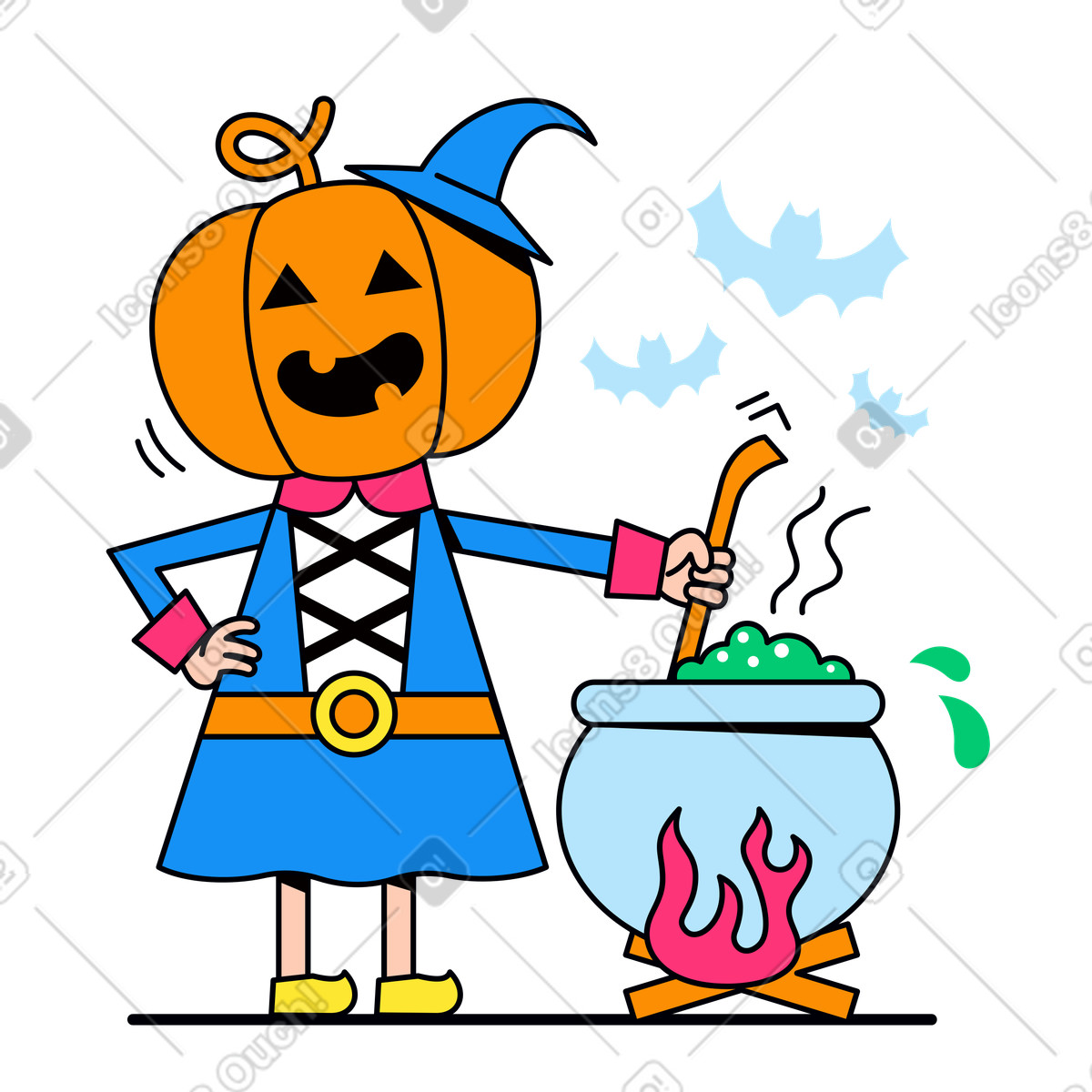 Halloween witch preparing potion in cauldron illustration Droll style download PNG, SVG