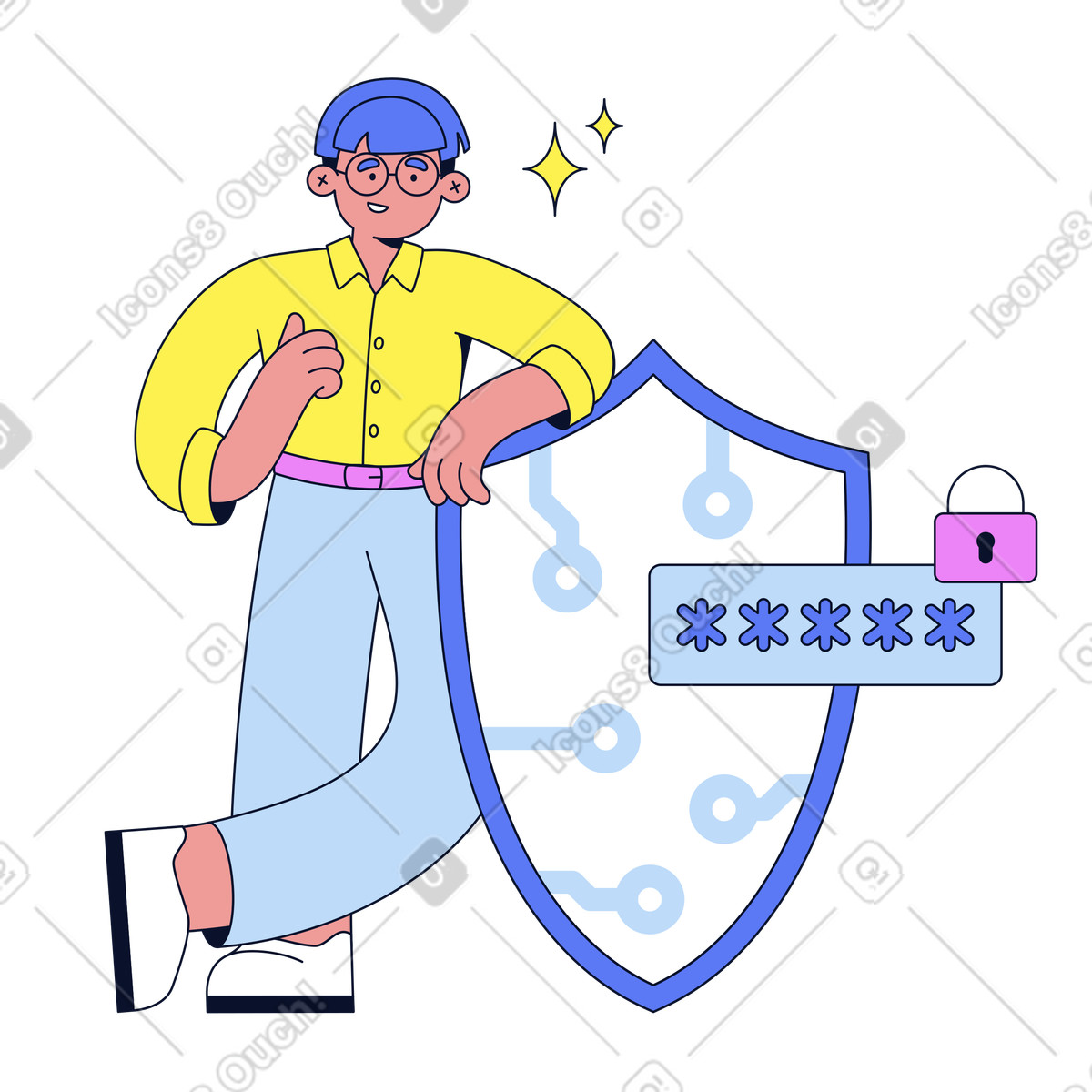 Flexy スタイルの User leaning on digital shield, Cyber security and password protection のイラストをPNG、SVG形式でダウンロード