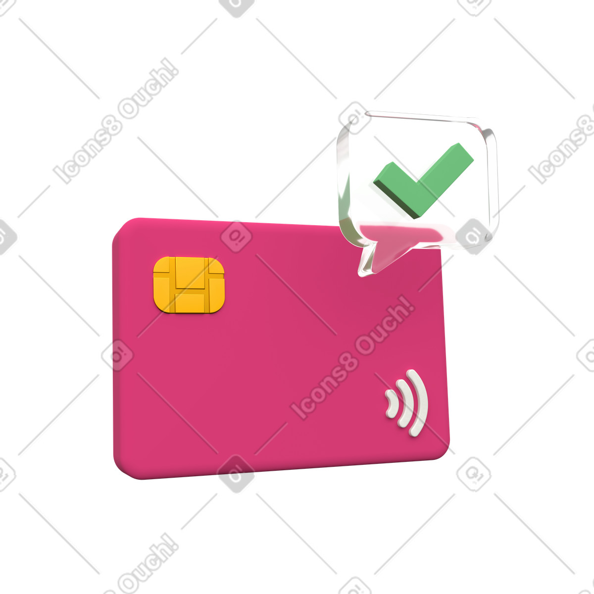 Pink credit card with checkmark bubble, secure payment confirmation and approval illustration in 3D Grid style download in PNG, SVG