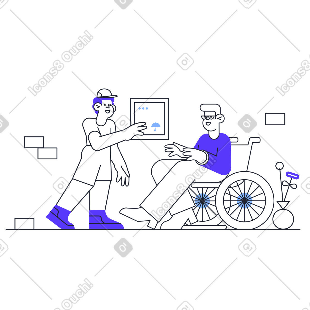 Ilustração de Courier entrega um pacote a homem em cadeira rodas no estilo Pablita para baixar PNG, SVG