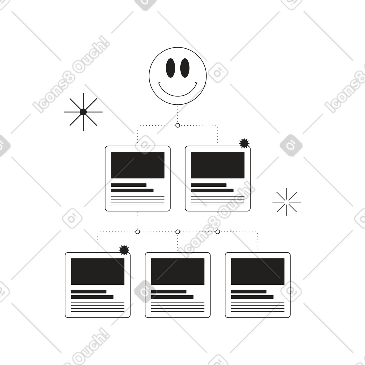 Hierarchy of system cards with a smiley face illustration in Tokyo style download in PNG, SVG