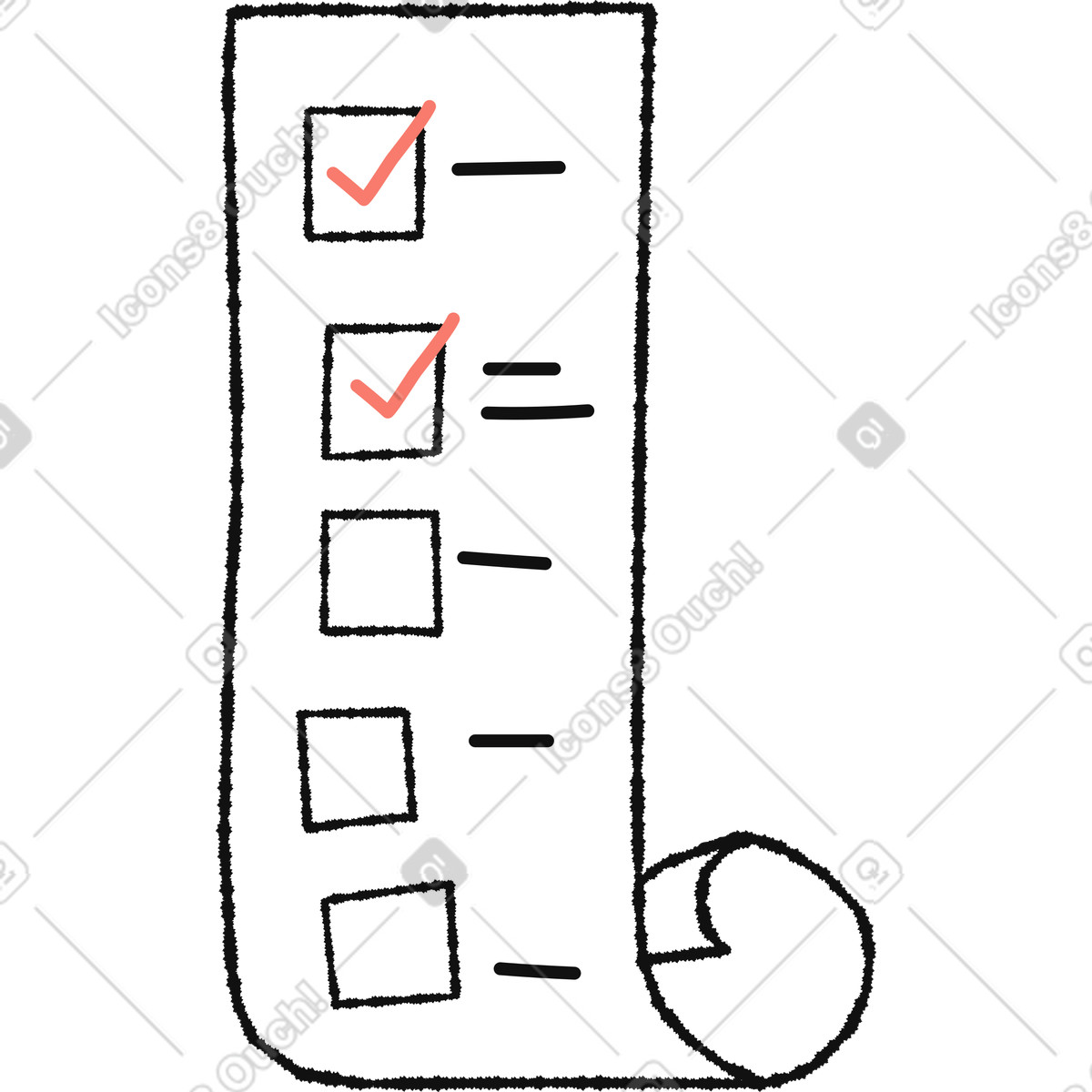 Checklist scroll with two completed tasks and three empty boxes illustration in Bold People style download in PNG, SVG