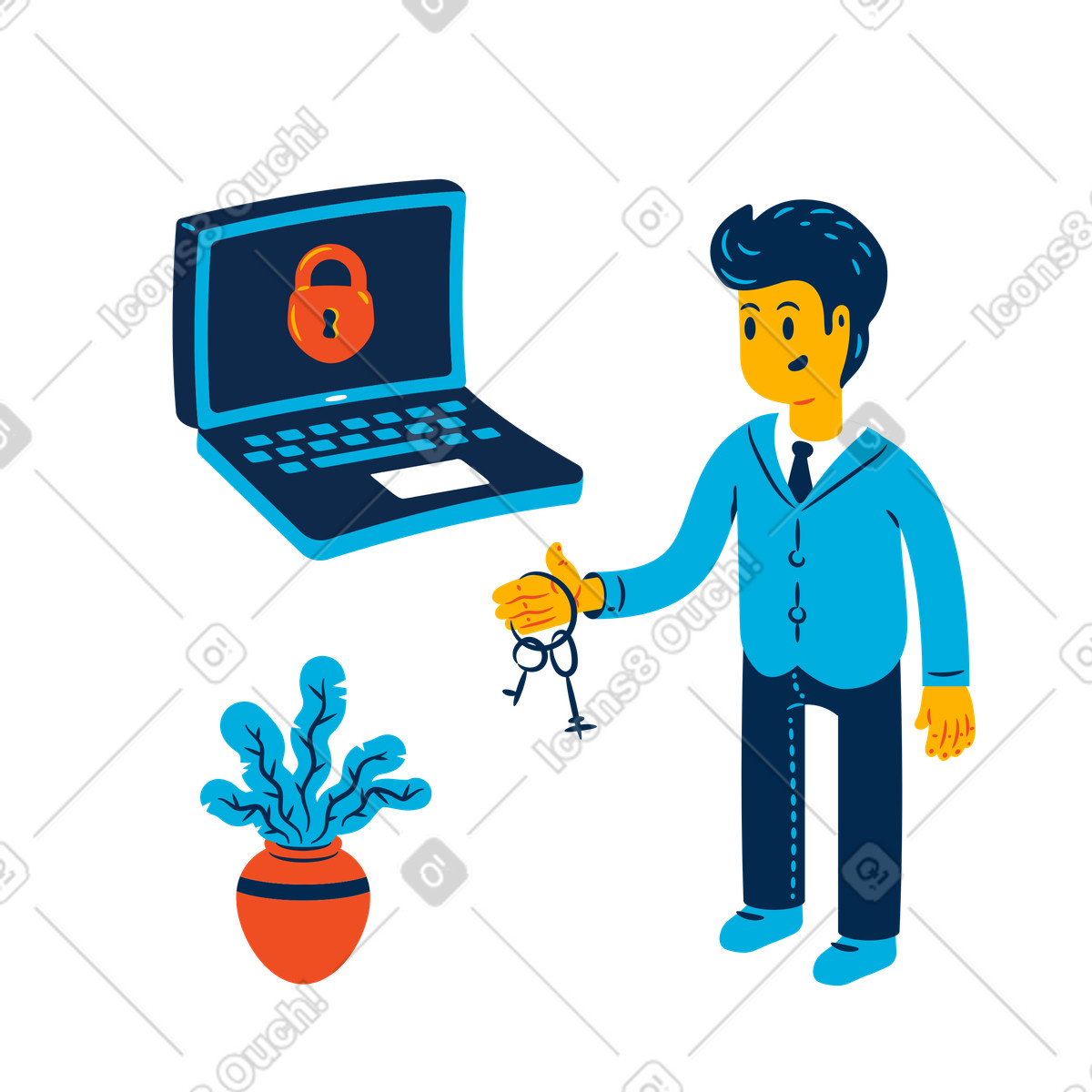 Office worker holding encryption key, cyber security and safe authentication illustration in Flame style download in PNG, SVG