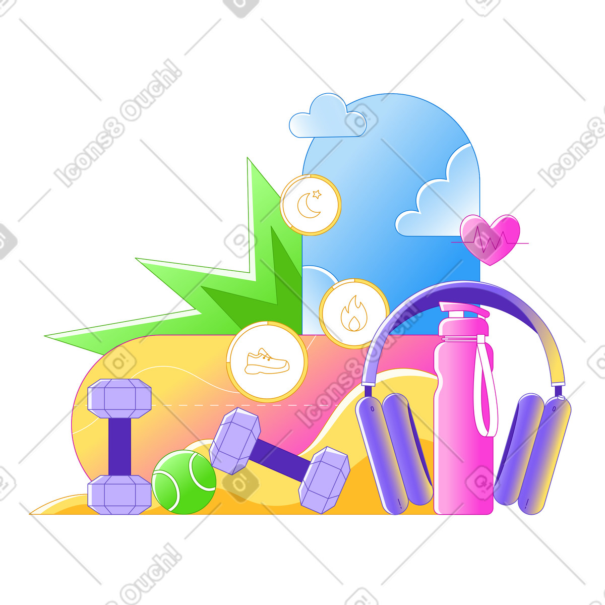 Illustration Équipement de gym, bouteille d'eau et écouteurs dans le style Rainbow à télécharger aux formats PNG, SVG