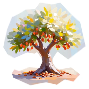 A majestic, ancient almond tree stands tall with its thick, gnarled branches extending outward. The trunk is wide and textured, showcasing deep grooves and rough bark. Almonds hang in clusters from the branches, some still in their fuzzy green shells while others are fully matured and brown. The leaves are a vibrant green, providing a backdrop to the clusters of almonds. Sunlight filters through the leaves, creating dappled shadows on the ground beneath the tree. The surrounding ground is covered in fallen almond shells and scattered leaves, adding to the organic feel of the scene.