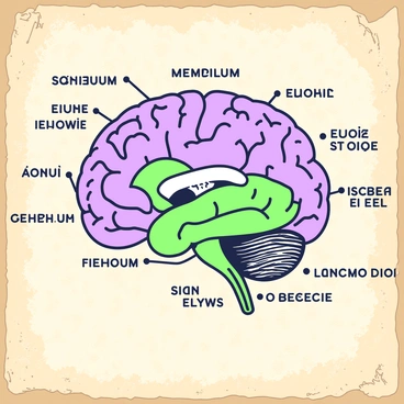 A vintage medical diagram of the human brain is presented on a textured parchment background. The illustration features a detailed, anatomical representation of the brain with distinct sections labeled in Latin terms. The brain is oriented for a clear view, showcasing the cerebrum, cerebellum, and brainstem. Each labeled area is legible, with evenly spaced text that complements the diagram. The overall appearance has an aged feel, emphasizing the historical aspect of the medical illustration.
