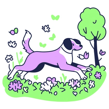 A borzoi with long, flowing fur is playfully chasing butterflies in a garden. The borzoi has a graceful posture as it leaps through the air, its ears flopping with movement. Surrounding the dog are several butterflies fluttering in various directions, their delicate wings open wide. The garden is filled with blooming flowers, with a variety of shapes and sizes, creating a vibrant and lively scene. The sunlight filters through the leaves of trees nearby, casting gentle shadows on the ground.