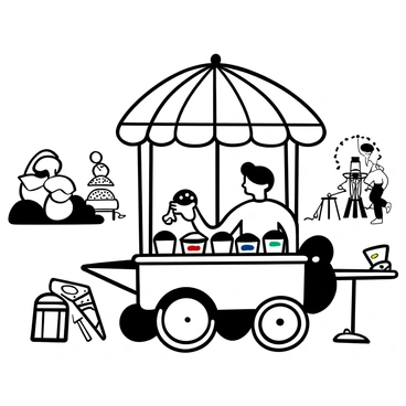 A whimsical ice cream cart with a large umbrella, adorned with colorful decorations. The cart displays a variety of ice cream flavors in vibrant tubs, with small labels identifying each flavor. There are colorful sprinkles and toppings on a nearby table. In the background, a few fairgoers are seen in motion, some holding ice cream cones. A ferris wheel and carnival games are faintly visible in the distance.