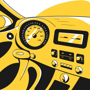 A close-up view of a car's dashboard, focusing on the intricate details of various gauges and displays. The dashboard features a speedometer with clear markings and a shiny needle. Next to it, a tachometer displays the engine's RPM with bright numerals and a smooth, sweeping dial. Below the gauges, a digital display shows information about fuel levels and engine temperature. The dashboard is adorned with sleek buttons and knobs for climate control, placed within easy reach of the driver. The surface has subtle textures and reflections from ambient light, emphasizing the modern design elements.
