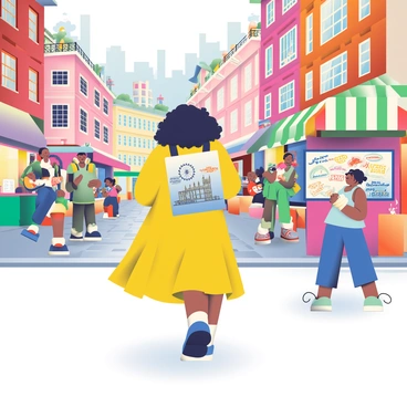 An artist with dark curly hair is walking through a vibrant street in London, surrounded by historic buildings and colorful storefronts. She is wearing a long, flowing yellow dress and carrying a large sketchbook under her arm. Various cultural elements are present, with a street performer playing guitar nearby, a group of tourists taking photos, and a food stall selling traditional British snacks, including fish and chips. The artist is pausing to sketch a mural on a brick wall that depicts London’s iconic landmarks, such as Big Ben and the London Eye. The sun is shining, casting soft shadows on the cobblestone street.