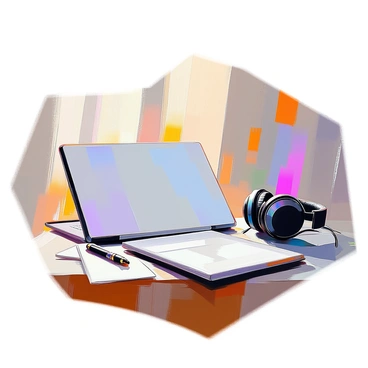 A blank CD cover case lying flat on a wooden desk, with soft natural light reflecting off its smooth surface. Next to the case, there is a sleek, modern laptop open and turned on, displaying a colorful screen. To the side of the laptop, a pair of black over-ear headphones rests, their cord slightly coiled. The desk has a few scattered paper notes and a pen, adding to the creative atmosphere.