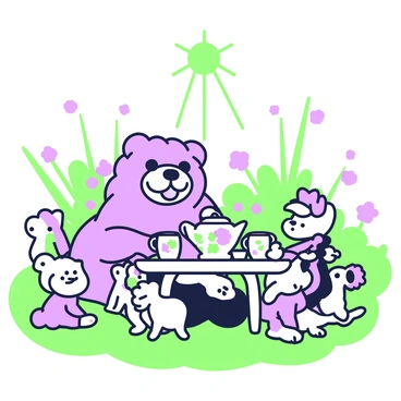 A chow chow dog is sitting at a small round table in a garden, hosting a tea party. The dog has fluffy fur and a friendly expression. On the table, there is an elegant porcelain tea set with intricate designs, including a teapot, cups, and a sugar bowl. Surrounding the table are several toy friends, including a teddy bear, a toy rabbit, and a small action figure, all seated as if enjoying the party. The garden is filled with vibrant flowers and green grass, creating a cheerful atmosphere. A sunbeam illuminates the scene, adding a warm glow to the gathering.