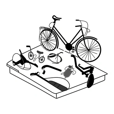 A wooden table with an assortment of vintage bicycle parts arranged on its surface. The collection includes a rusted metal frame, worn-out handlebars, intricate gear systems, and aged leather saddles. Some parts are stacked on top of each other, while others are laid flat, showcasing their unique shapes and textures. The background is unobtrusive to keep the focus on the bicycle components.